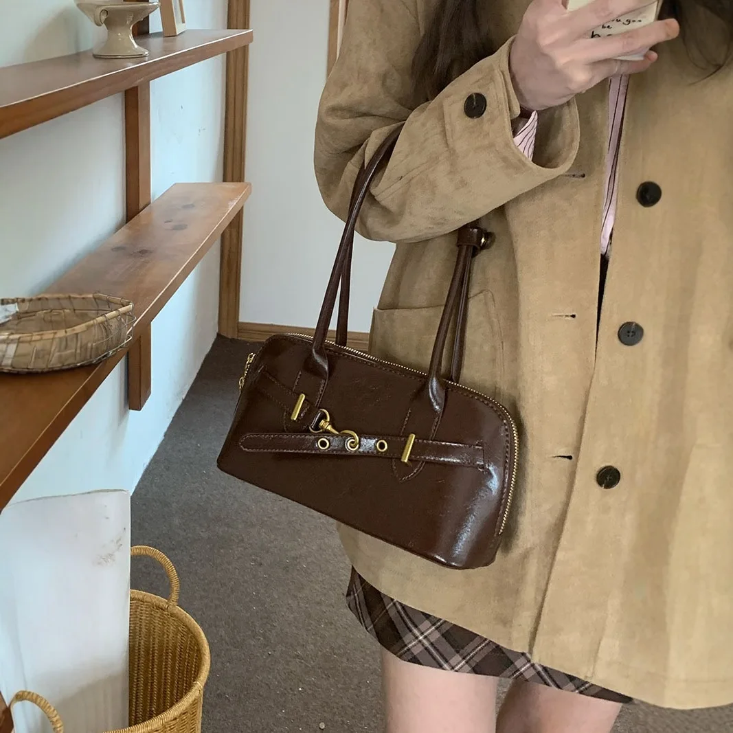 Durable PU leather retro bowling bag, single-shoulder women's bag, armpit hand-carry large-capacity pillow bag
