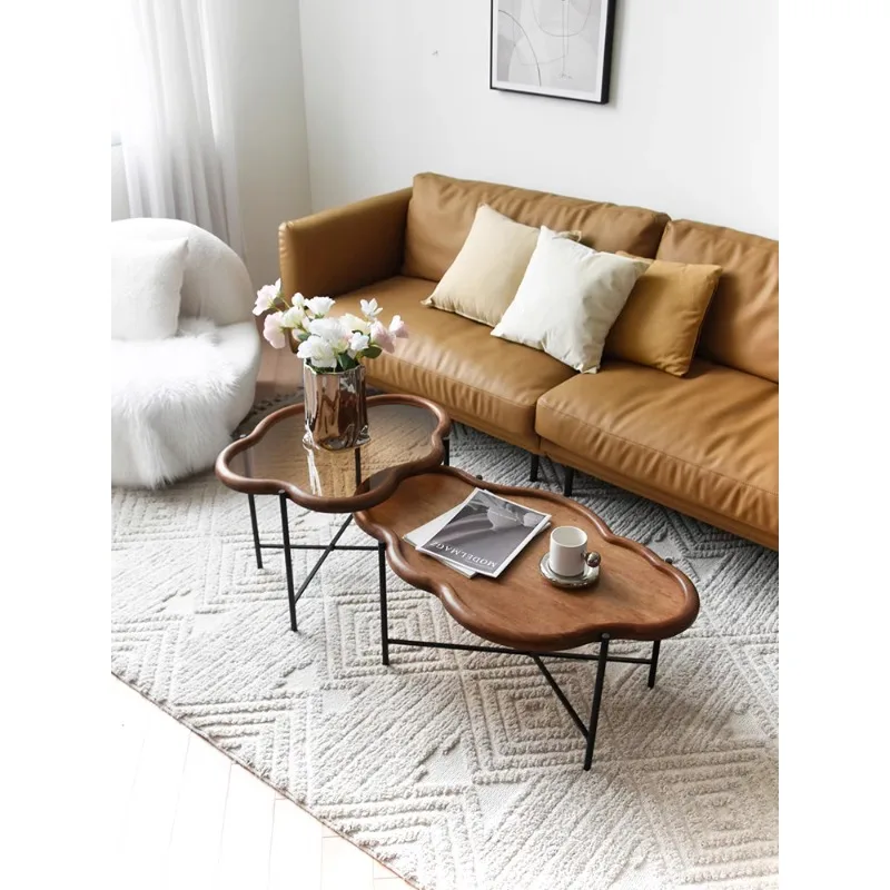 

Walnut cloud irregular medieval coffee table small apartment creative French sofa side table retro glass side table