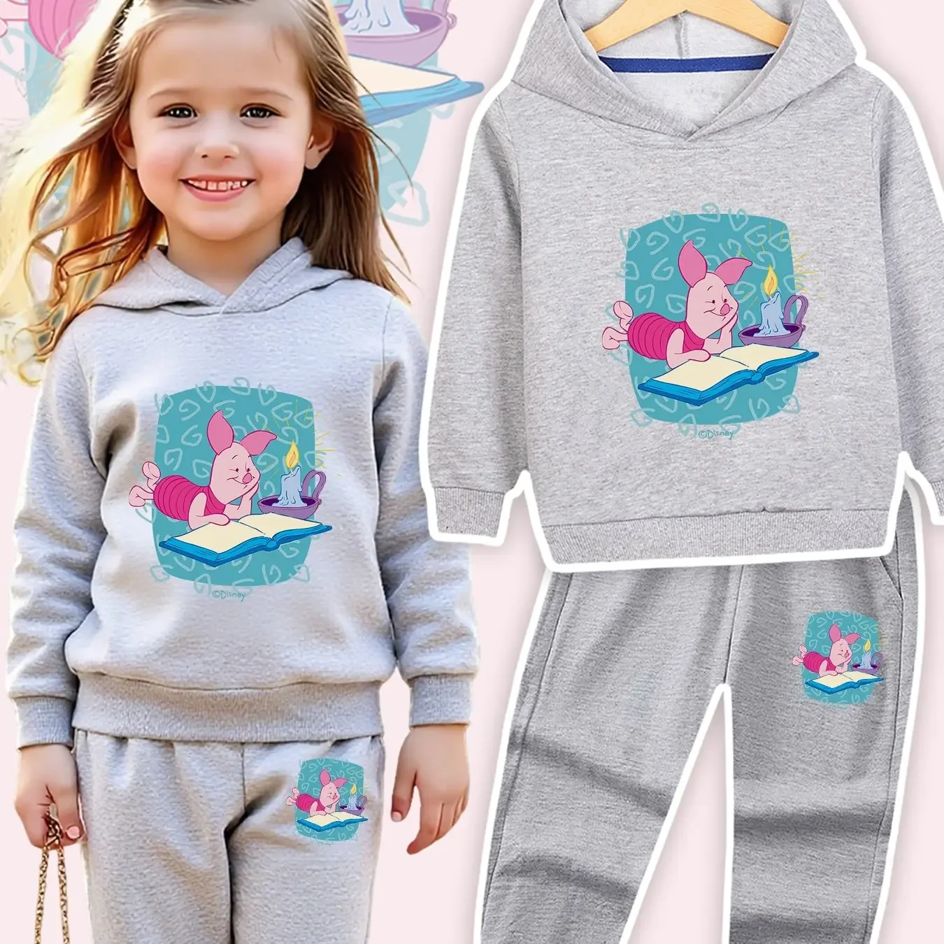 

Disney Girl Hoodies - Cute Piglet's Cozy Reading Evening Print, Autumn Winter Fashion