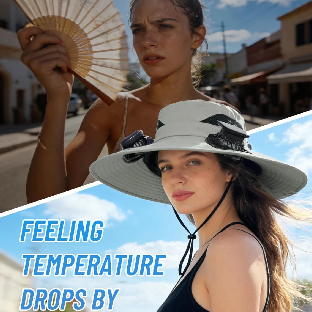 Outdoor Summer Sun Hat With 2 Fan Large Brim Windproof Strap Solar/USB Charging Anti UV Sun Fishing Cap
