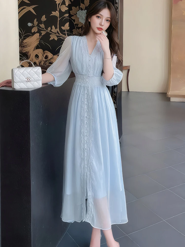 

2025 Blue Chiffon Patchwork Lace Luxury Long Dress Spring Summer Long Sleeve V-Neck Bodycon Dress Women New Elegant Casual Dress
