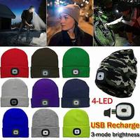 USB Charging LED Lighted Beanie Cap with 4 Bright Headlamps for Outdoor Night Activities Winter Wear
