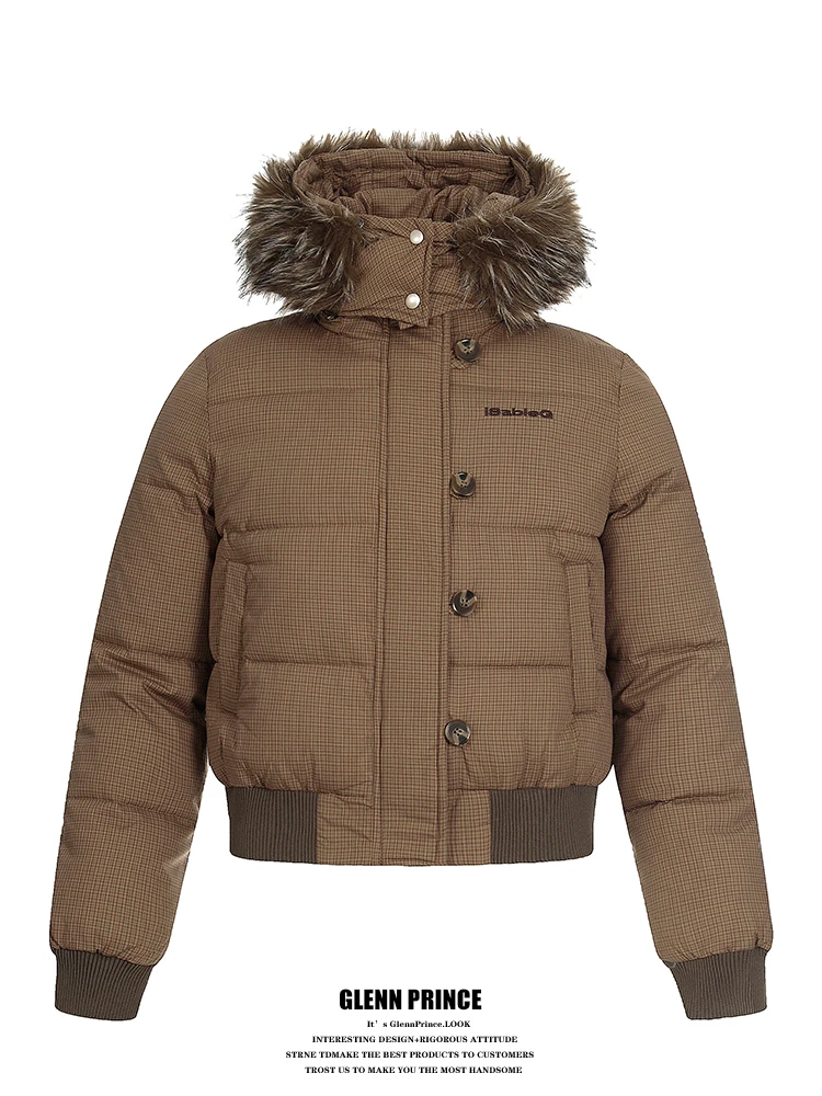 

Korean Sle Retro Plaid Hooded Cotton Jaet Women's ort Slimming Warm Parka Coat Fur Collar Commute Loose Fit Embroidered