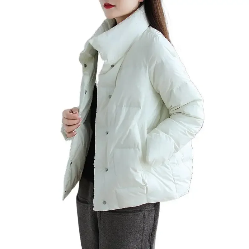 Lose Oberbekleidung Schwarze Entendaunen Frühling Herbst Neuer Stil Kurze Pufferjacke Damen Stehkragen Leichter Brotstil