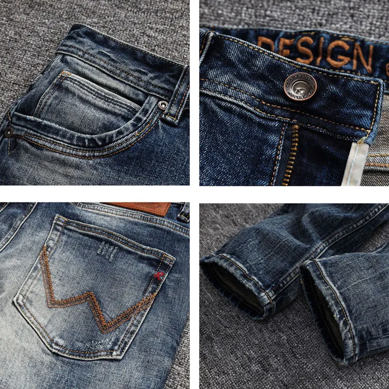 Fashion Vintage Men Jeans Retro Washed Blue High Quality Slim Jeans Men Casual Trousers Embroidery Designer Denim Pants Hombre