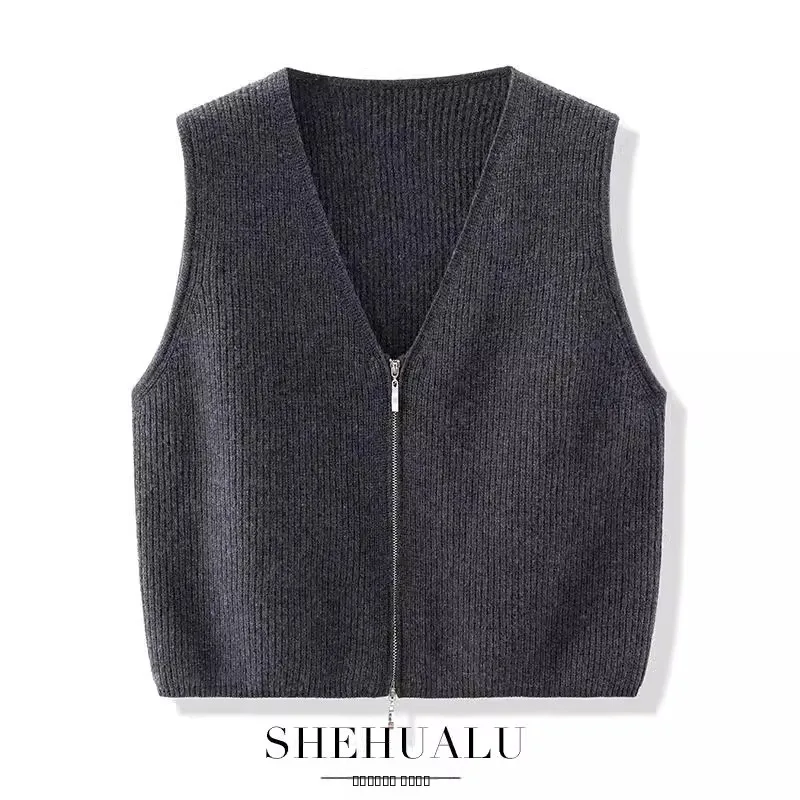 

Женский вязаный шерстяной жилет на молнии с V-образным вырезом, весенняя верхняя одежда, кардиган для повседневной носки, стандартная длина