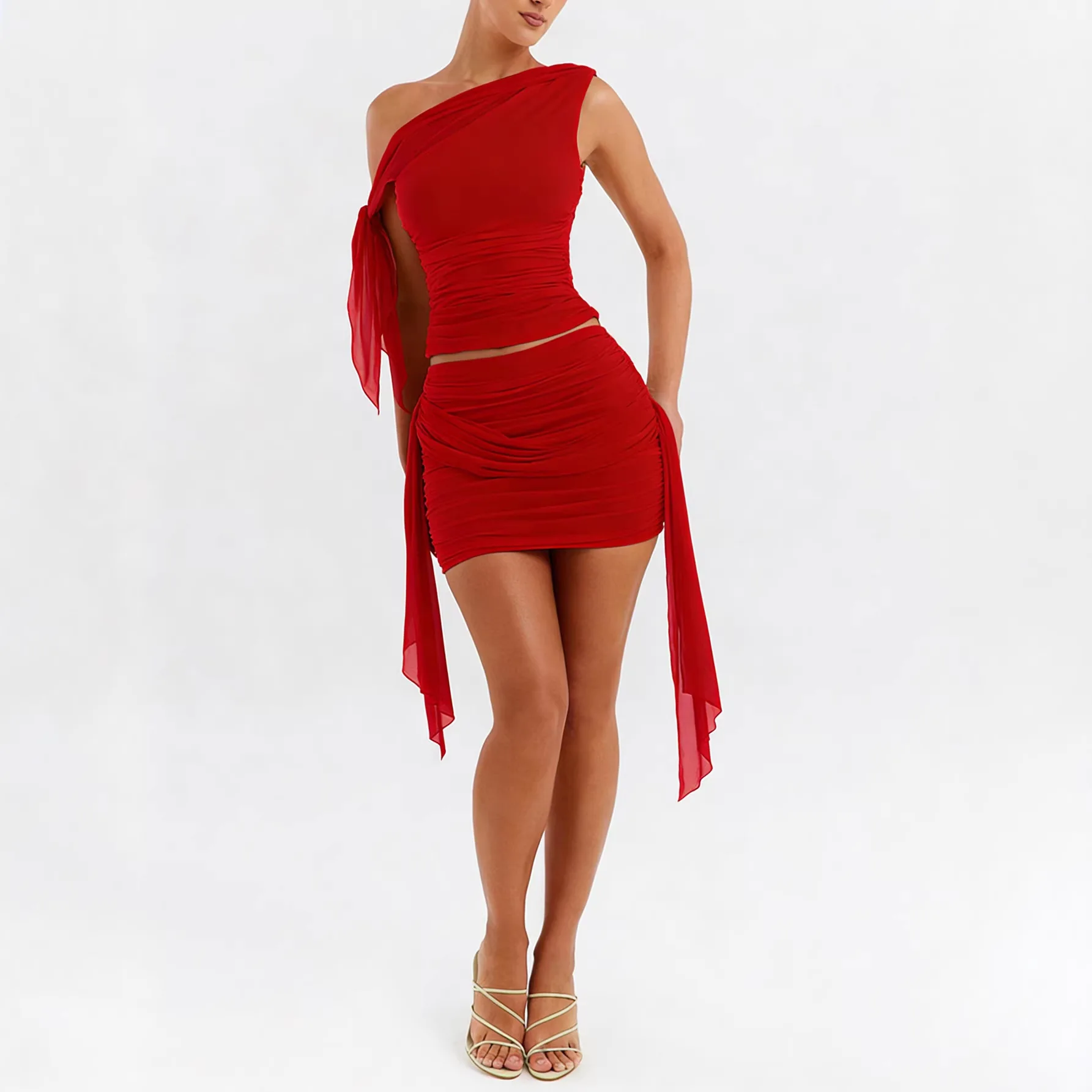 Women's Elegant Temperament 2 Piece Sets Pleated Top Short Skirt Solid Color Net Sand Diagonal Shoulder Strap Summer Beach Sets