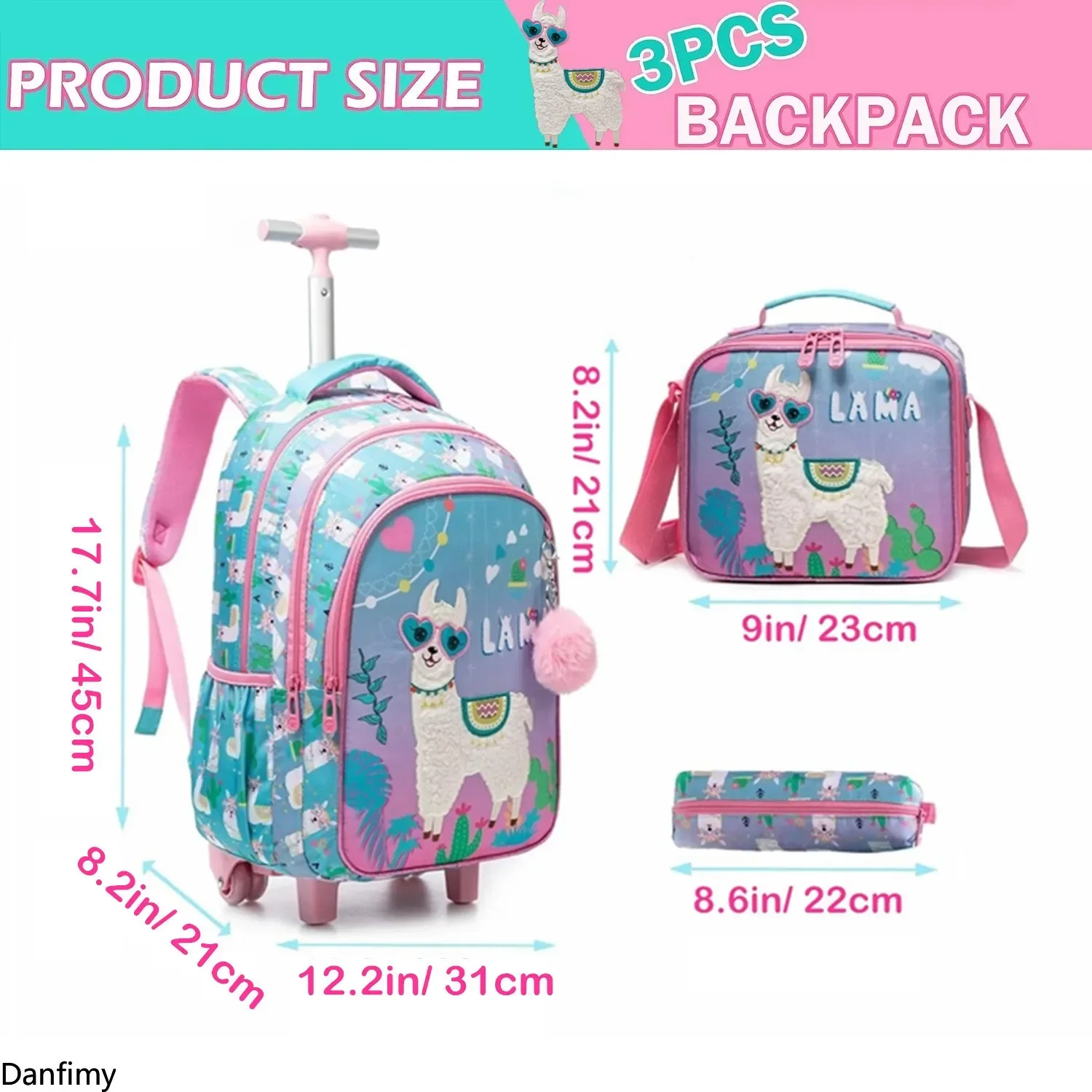 3PCS Children\'s Rolling Backpack Set Kids School Bag with Wheels Carry on Luggage with Lunch Bag for Elementary Student Backpack