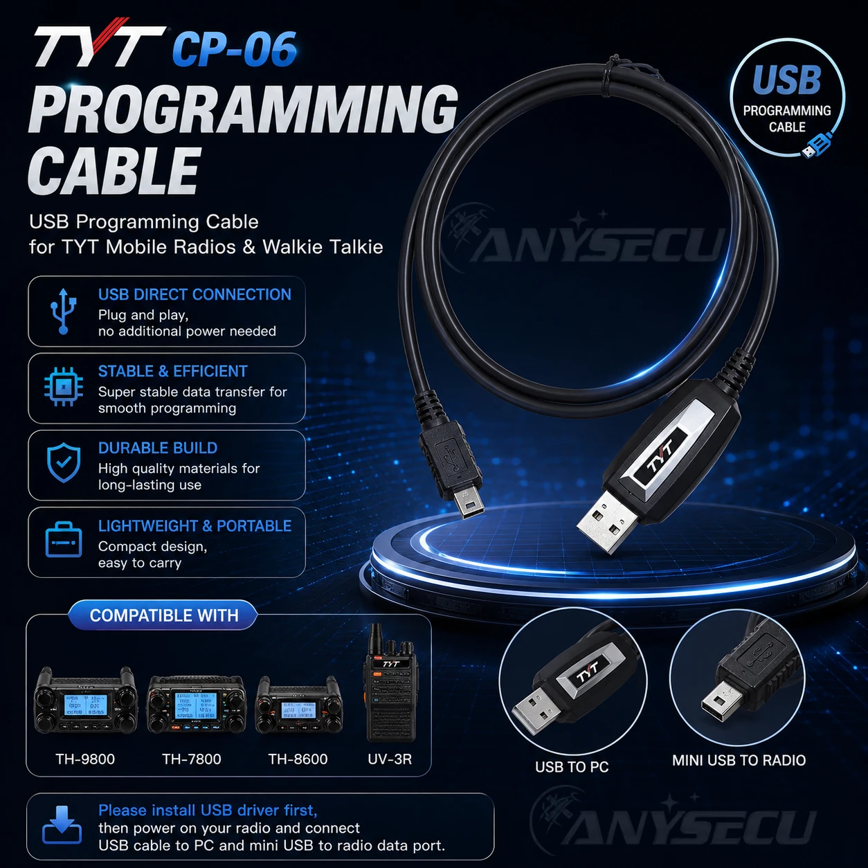 Hot Sale! TYT CP-06 USB Programming Cable for TH-9800/7800/8600 & UV-3R – Original CP-06 for Car & Handheld Transceivers