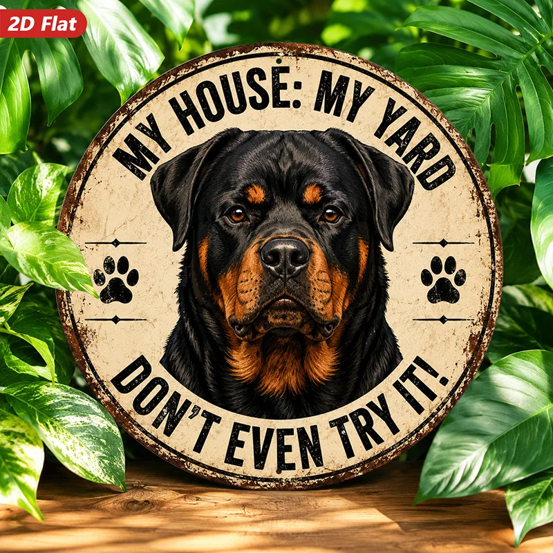 2D Flat, 1pc Guard Dog Warning Round Metal Sign Wall Art, Perfect for Living Room Corners, 