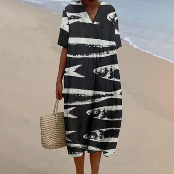Sardines Fish Print Dress Women Maxi Baggy Dress Vintage V Neck A-line Elegant Dresses Girls Linen Beach Skirt
