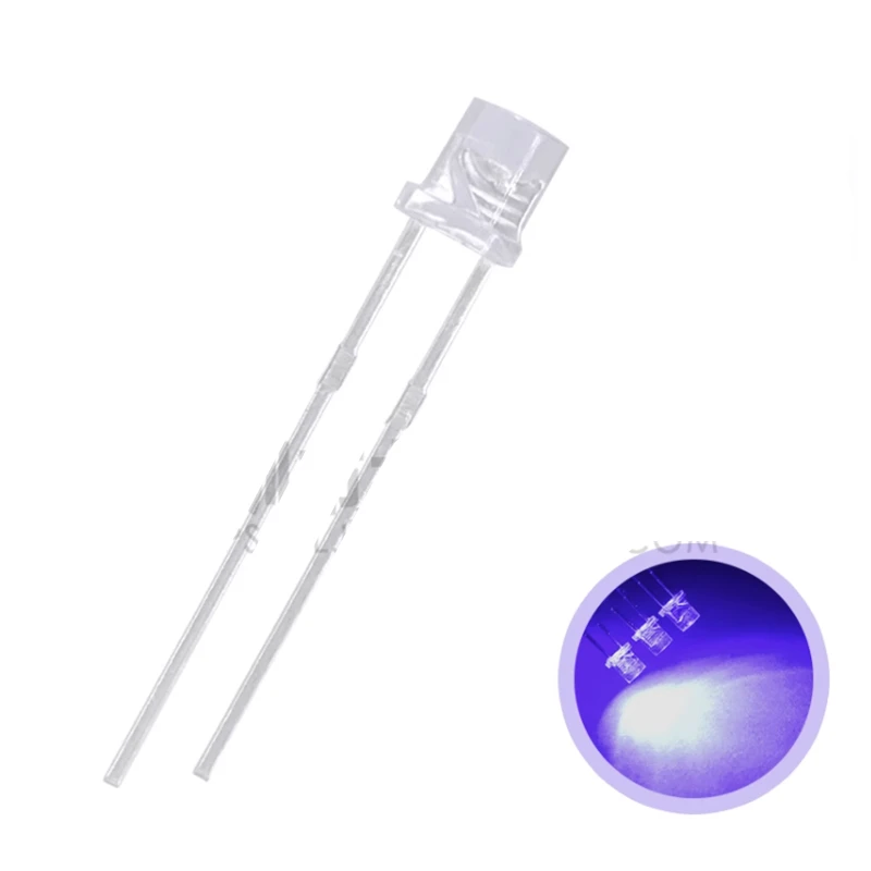 100PCS, 3MM UV LED, Purple, Water Clear, Round / FLAT TOP, Ultraviolet 395nm-400nm,  Ultra Bright