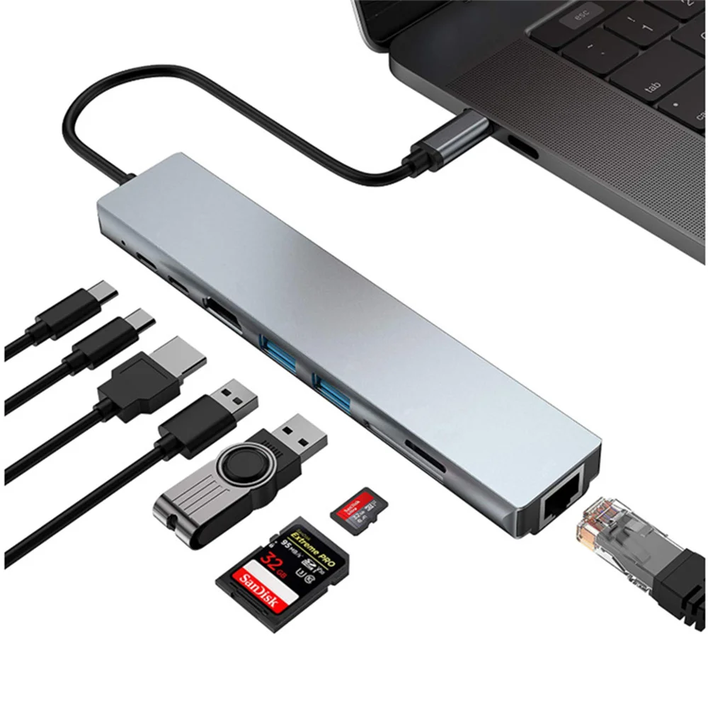 

USB C Hub for Macbook 8 In 1 Adapter PC PD Charge 8 Ports Dock Station RJ45 HDMI-Compatible TF/SD Card Macbook Type-C Splitter