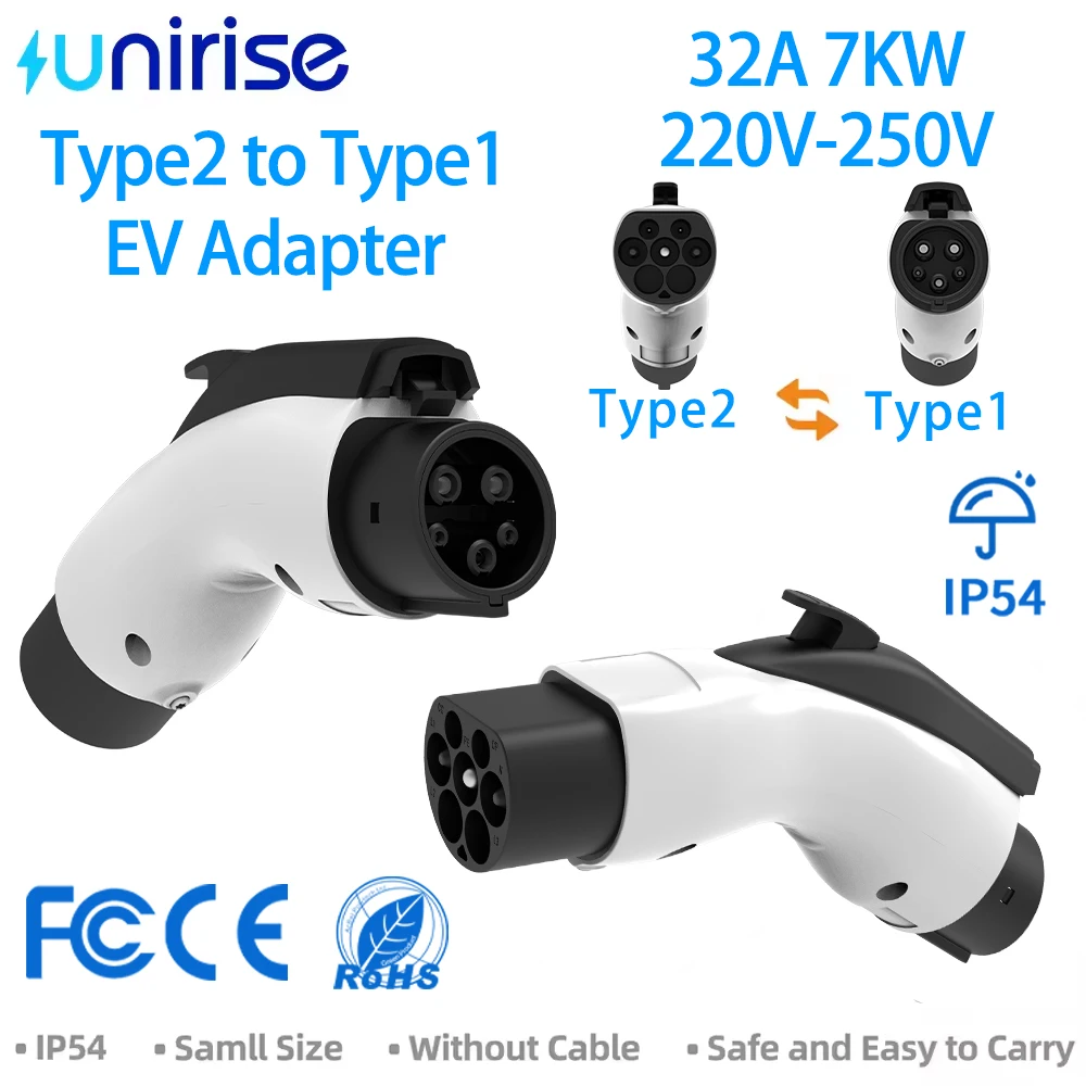 

Адаптер для зарядки электромобилей Unirise 32A 7KW 250V Type2 - Type1, коннектор IEC 62196-2 J1772, конвертер для зарядного устройства электромобиля