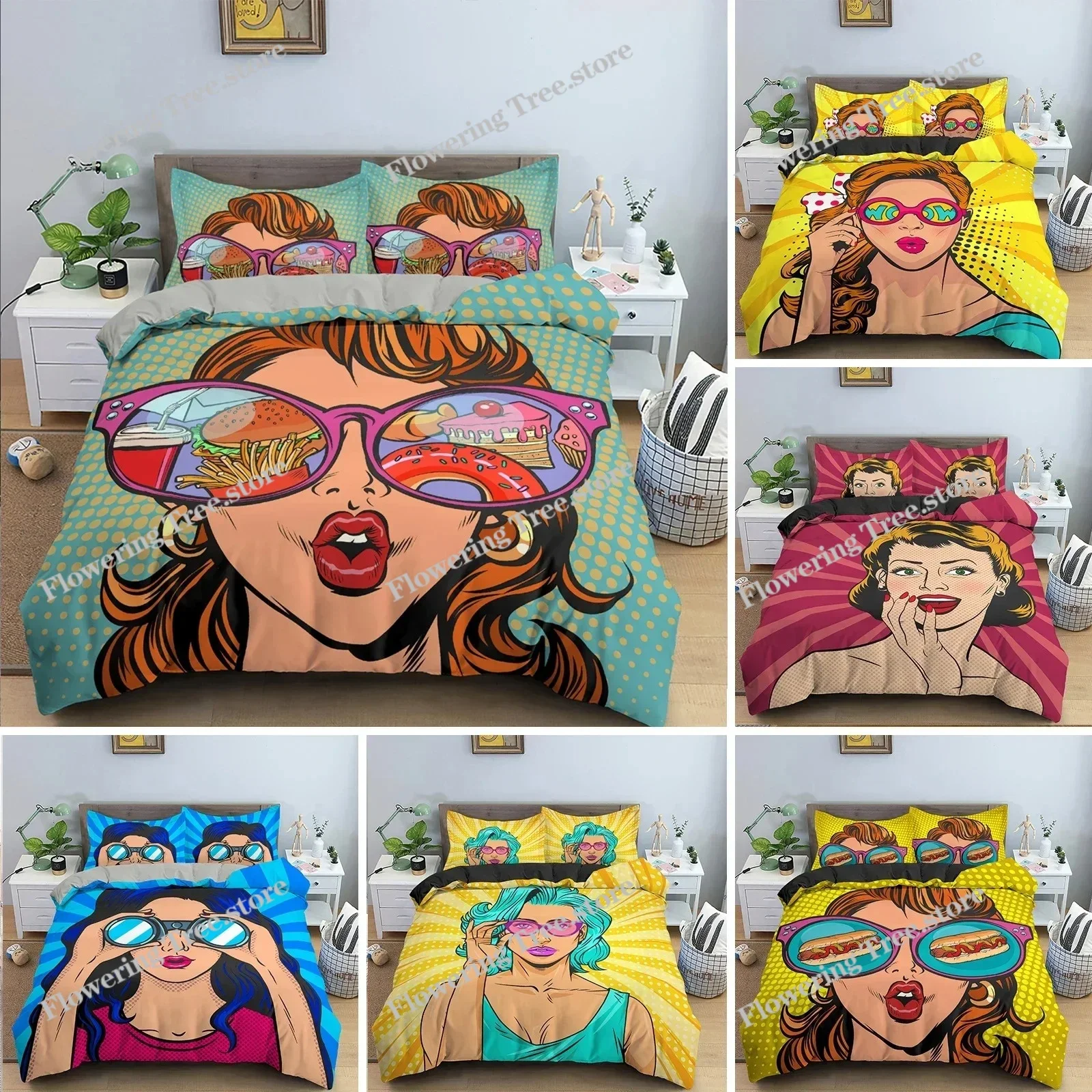 

Cartoon Girly King Queen Duvet Cover Watercolor Fashion Girl Pattern Bedding Set Modern Women Polyester Comforter Cover