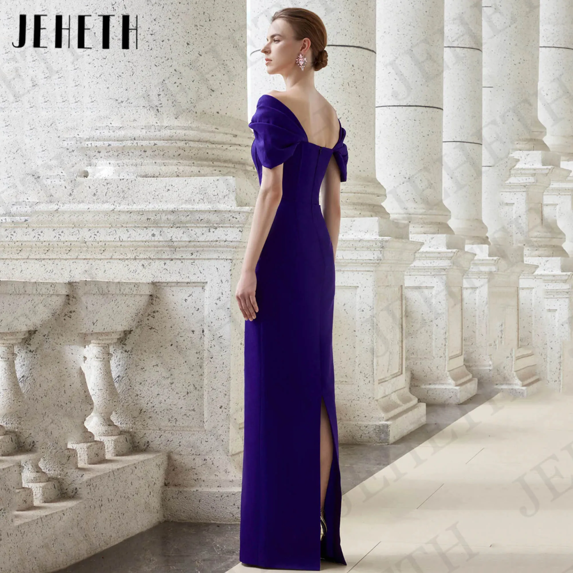 JEHETH Elegant Off The Shoulder Evening Dress فساتين سهرات Purple Mermiad Stretchy Soft Satin Banquet Party Dress Floor Length