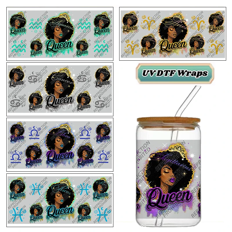 Constellation Crown Black Queen UV DTF Transfer Wraps Easy Apply Fade Proof For 16oz Glass Jar DIY Ladies Cup Stickers