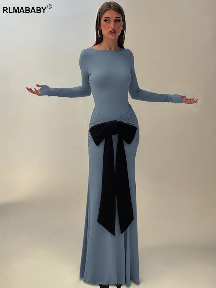 RLMABABY أنيقة س الرقبة طويلة الأكمام Ruched القوس المرأة Bodycon فستان طويل موضة نحيل مثير الدانتيل يصل الخريف الأزرق فستان ماكسي