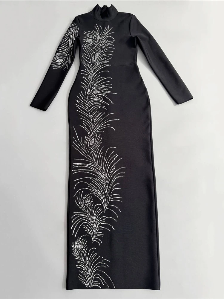 Sexy manga longa diamantes frisado bandage vestido feminino preto o pescoço strass bodycon vestidos de festa à noite vestidos de cocktail