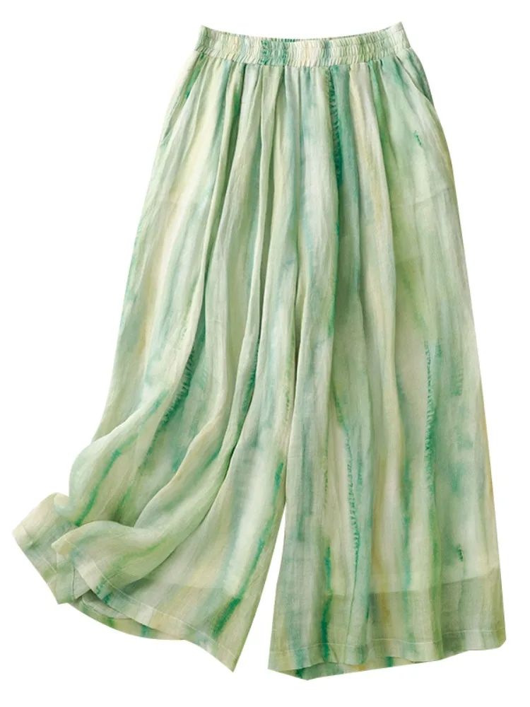 een Floral Print Wide Leg Pants Women's Cotton Linen Straight Cut Nine Points Summer Elastic Waist Slimming Trousers