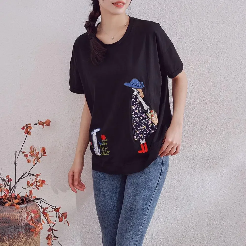 DIMANAF 2024 Summer New T-Shirt Women Fish Embroidery Printing Loose Casual Basic O-Neck Tops Black