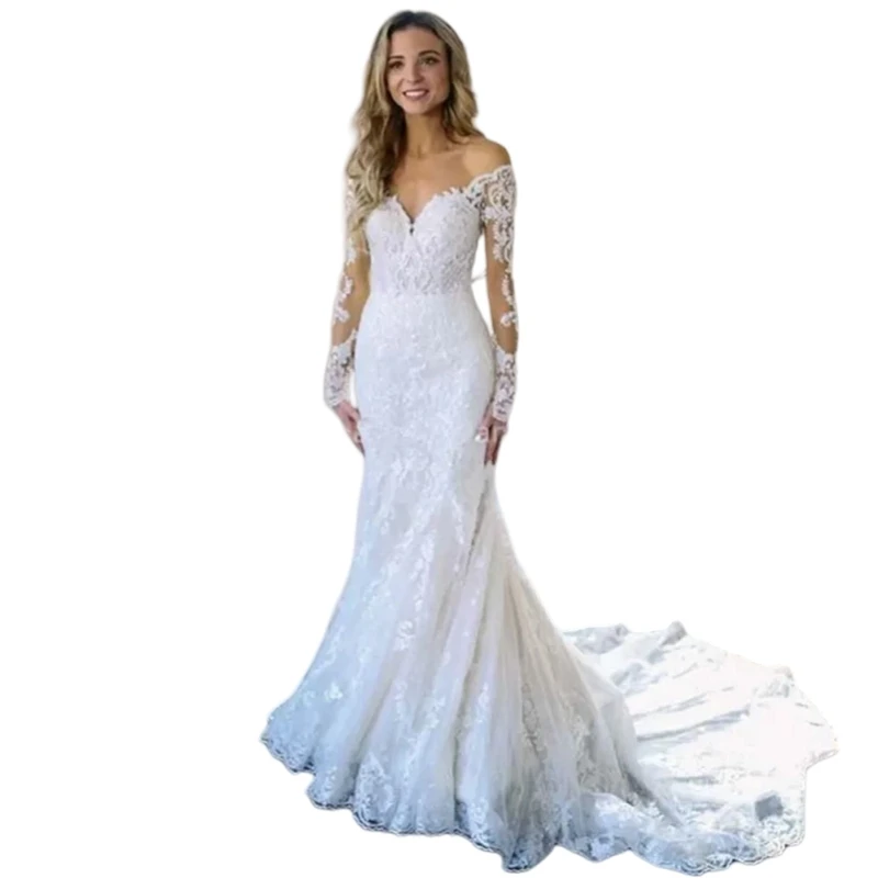 Mermaid Long Sleeves Wedding Dress Off the Shoulder Lace Applique Bridal Gowns CustomizedCountry Style Vestido De Novia