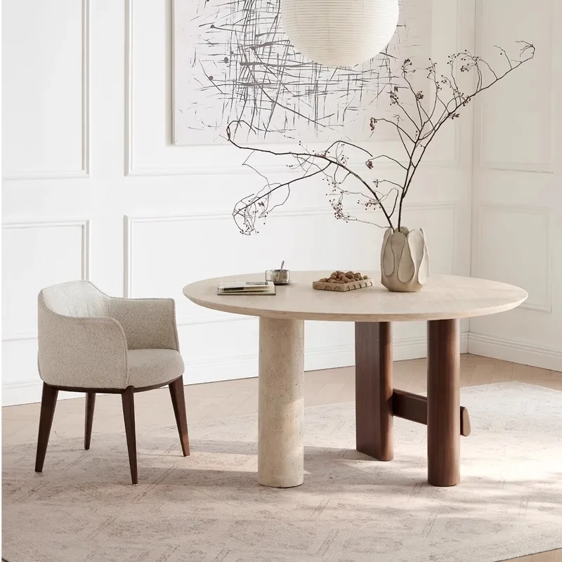 Natural marble dining table round household modern simple white cave stone round dining table