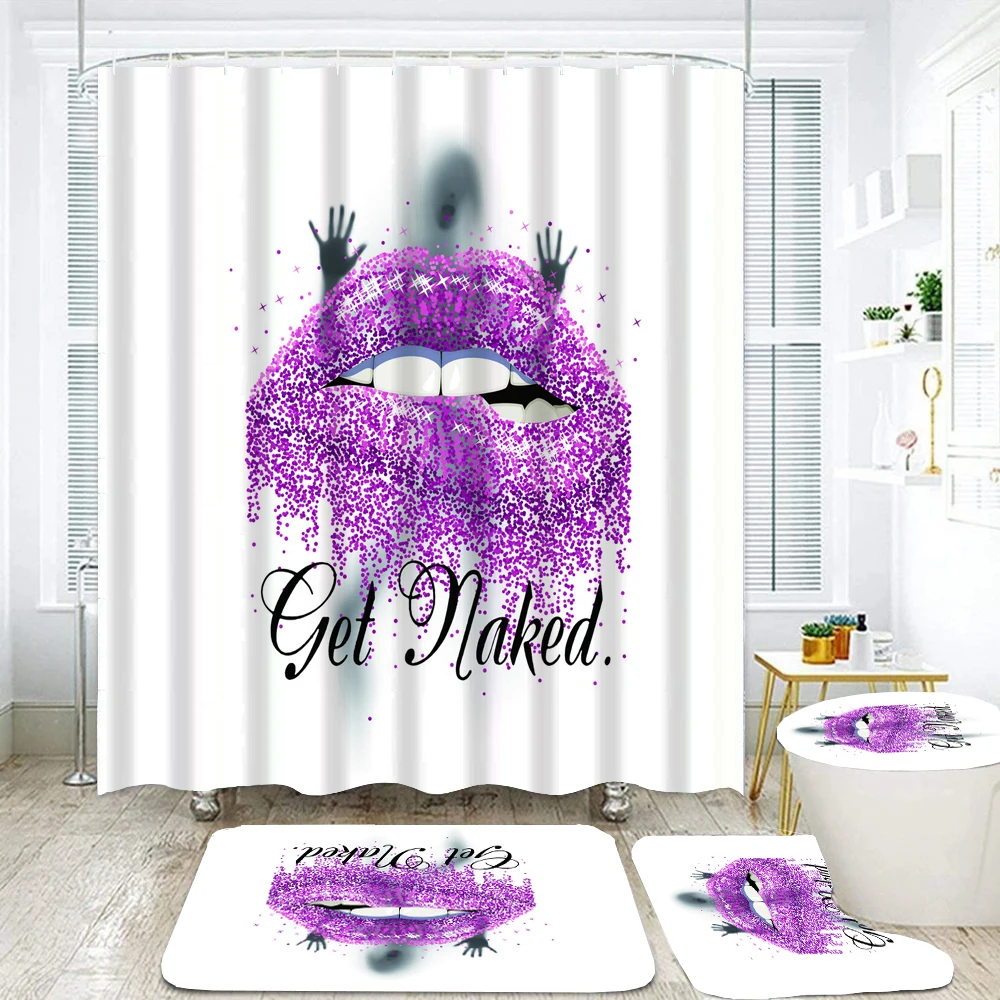 

Get Naked Sexy Girl Shower Curtain Set with Non-Slip Rugs Toilet Lid Cover Bath Mat Golden Sexy Lip Bathroom Curtain Set Decor