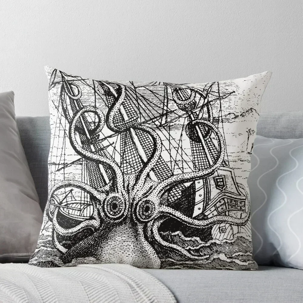 

Vintage Kraken attacking ship illustration Throw Pillow Embroidered Cushion Cover Cusions Cover pillow
