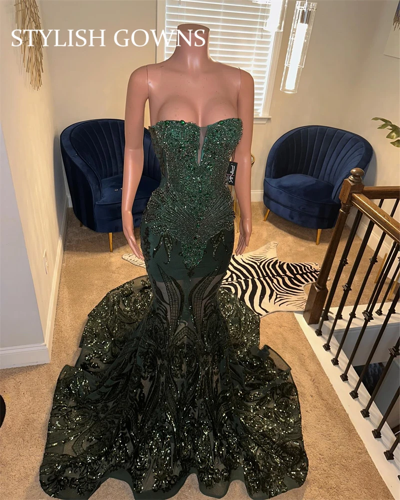 Sparkly Dark Green Rhinestone Prom Dresses For Black Girl Luxury Crystal Mermaid Evening Gown Bead Wedding Party 2025 Customized