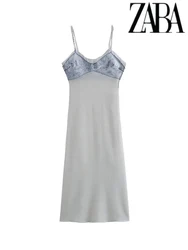 TRAF Women's Sexy Sleeveless Backless Spaghetti Straps Spicy V-Neck Denim Splicing Dress Summer Sweetheart Fresh Misty Dresses