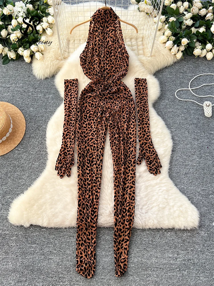 SINGREINY Fashion Leopard Print Sexy Jumpsuits Ladies Stand Collar Long Gloves Korean Streetwear Sheath Flocking Long Playsuits