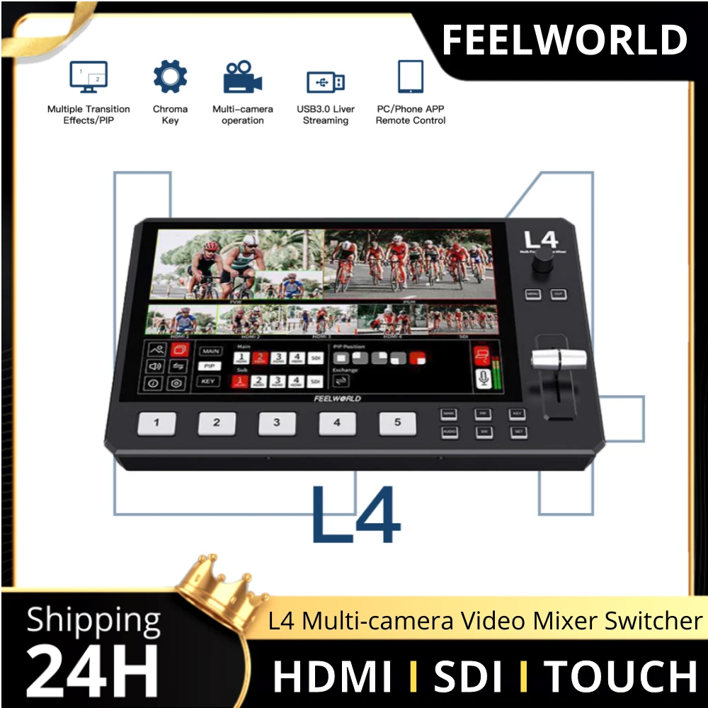 

Feelworld L4 Multi-camera Video Mixer Switcher 5 Channel for HDMI SDI 10.1"Touch Screen USB Fast Live Streaming PTZ Control