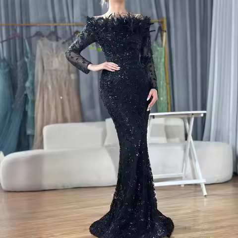 Black Off-the-shoulder Feathered Mermaid Long-sleeved Sequined Slim-fit Formal Evening Dress, Elegant Luxury Dinner Host Dress