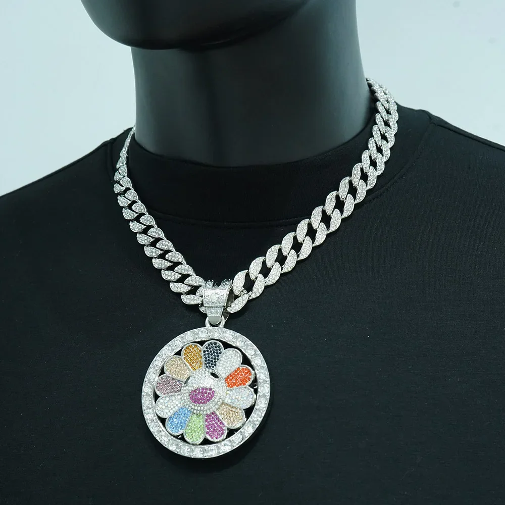 

Men's Hip Hop Sunflower Pendant Necklace -Rotatable Colorful Flower Chain,Trendy Unisex Streetwear Jewelry Gift for Boys & Girls