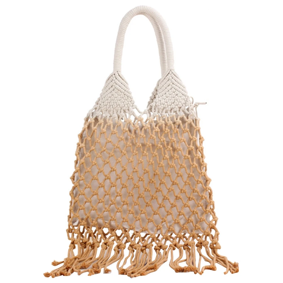 Handmade Cotton Woven Womens Handbags and Purses Hollow Rope Tassel Beach Female Net Straw Tote Evening Clutch Bags