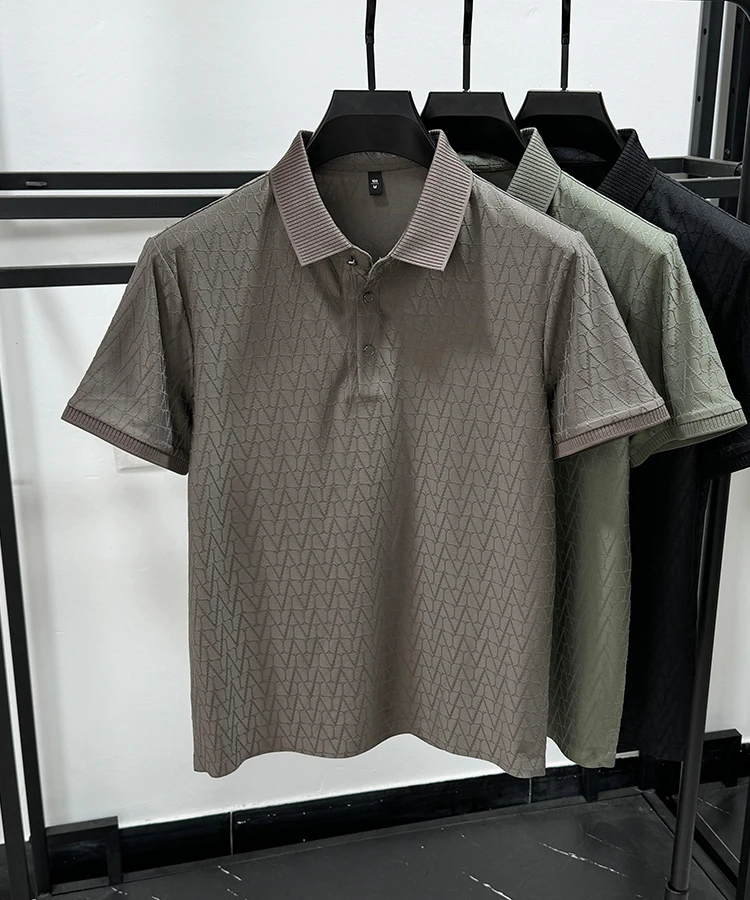 Hot Sale New Fashion Men's Polo Shirt Lapel Jacquard Breathable Short Sleeve Ice-feel Seamless T-shirt Summer Luxury Men's Wear