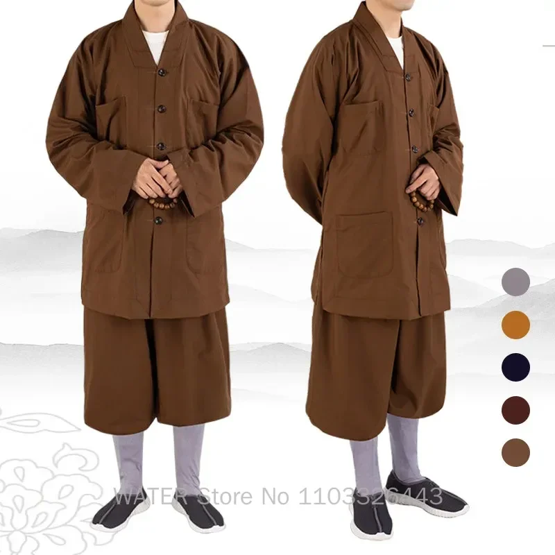 Seragam Kung Fu air seni bela diri tradisional Cina Buddhisme Arhat set gaun pria biksu jubah pakaian atasan dan Celana Buddha