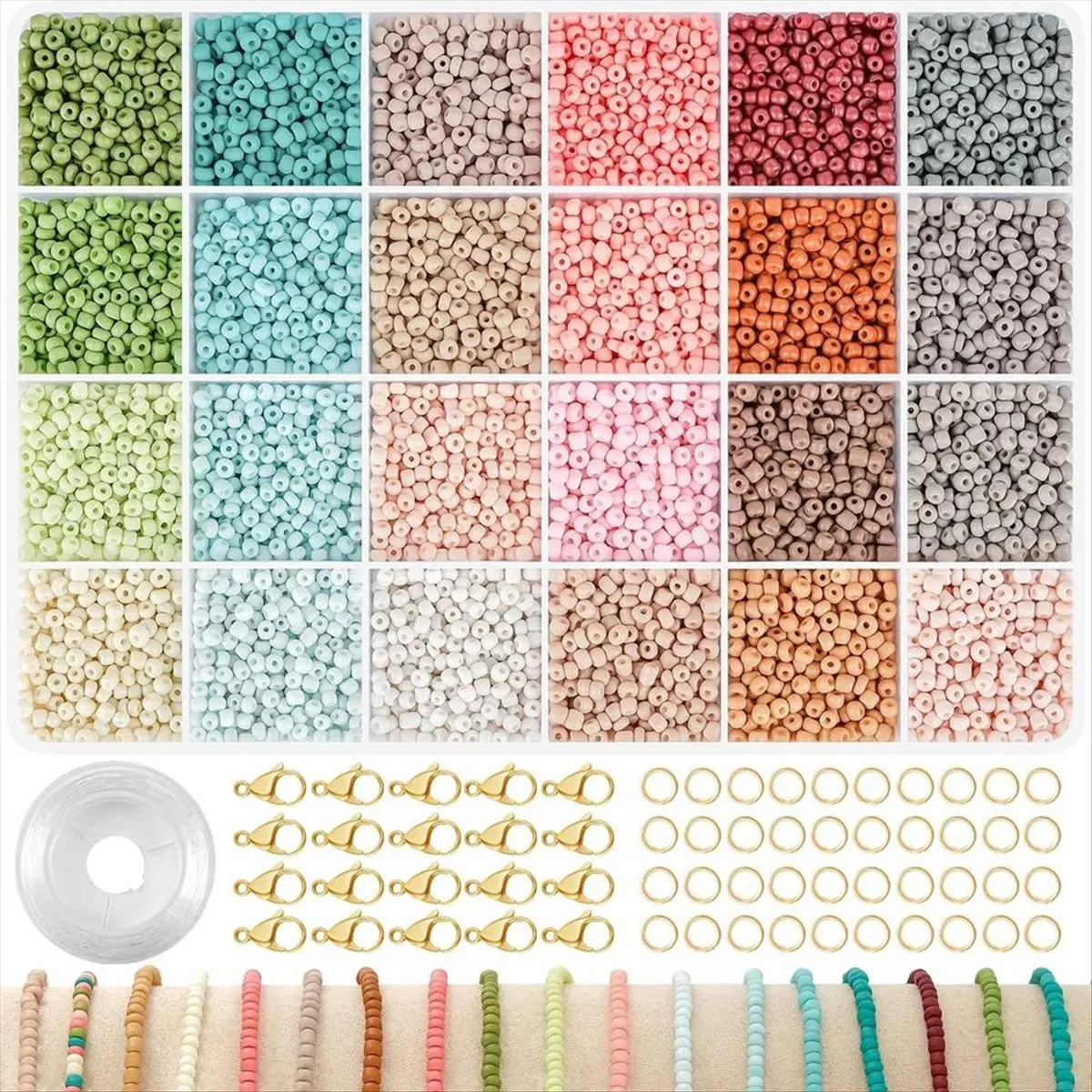 M09K 3mm Glass Seed Beads for Bracelet Making, 24 Color Beaded Bracelet Set, DIY Art Crafts for Ages 6-12 (Beads 3MM-A)