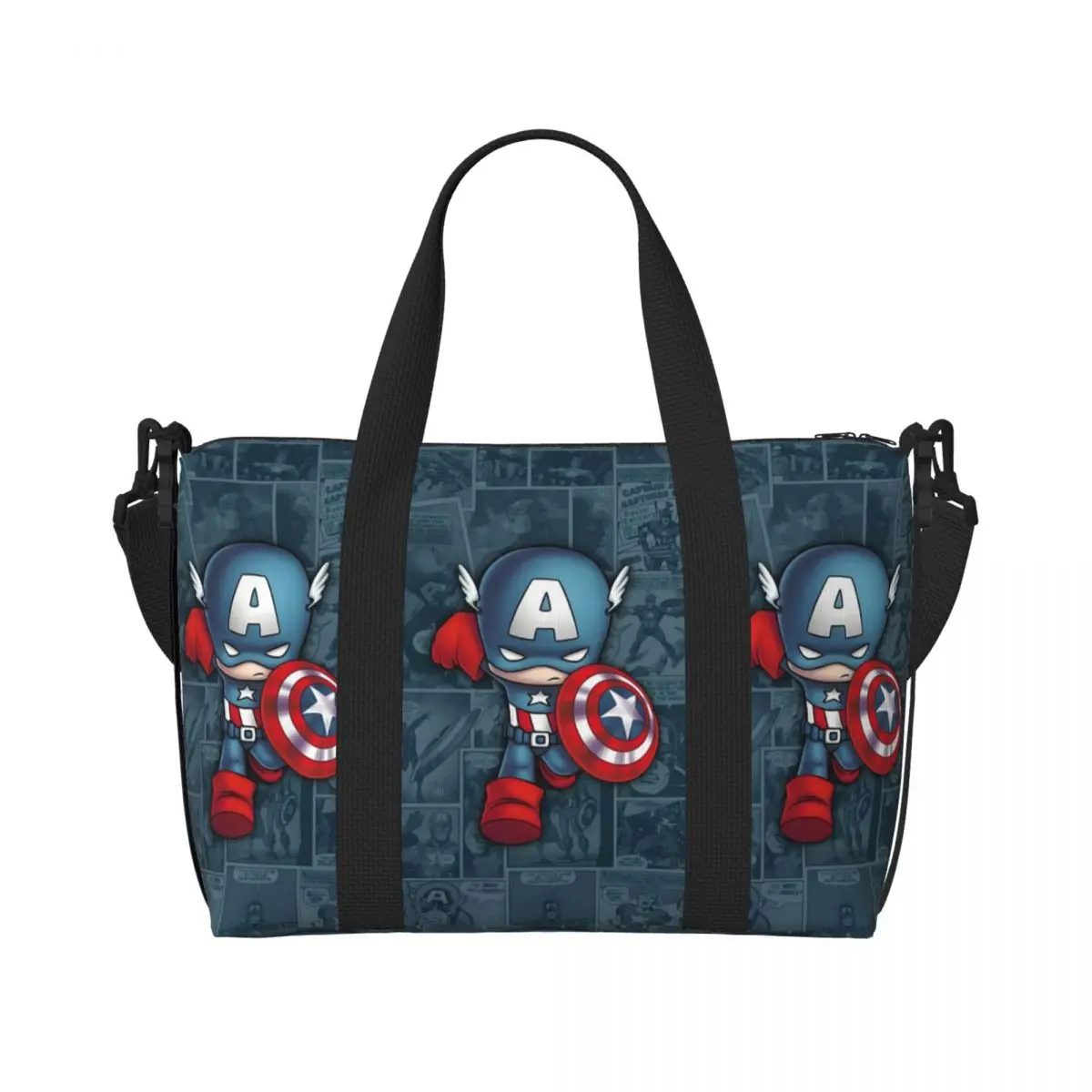 

Custom Captain America Classical Beach Tote Bag for Women Extra Large Gym Carry On Comics Design Travel Shopping Bags
