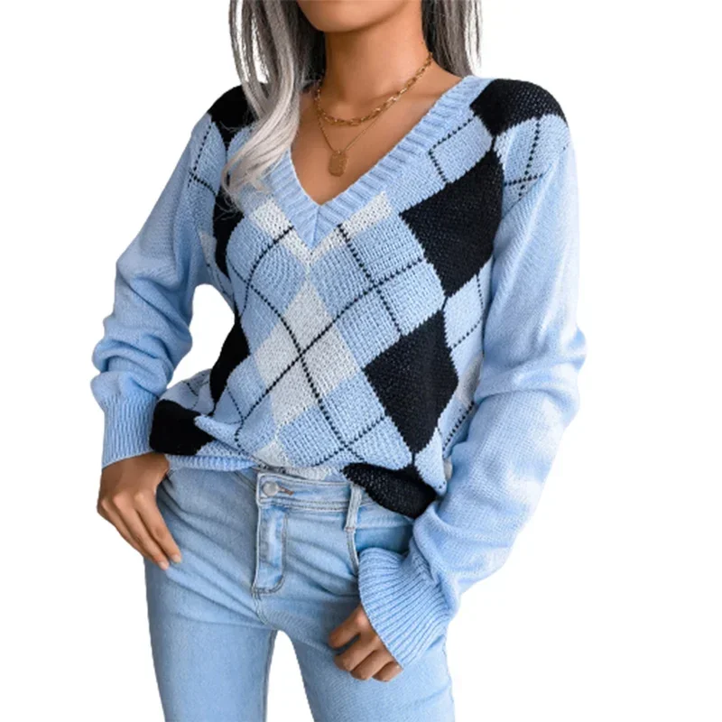 Maglione a rombo stile college donna elegante pullover con scollo a V maglioni donna autunno inverno casual maglieria allentata tendenza streetwear