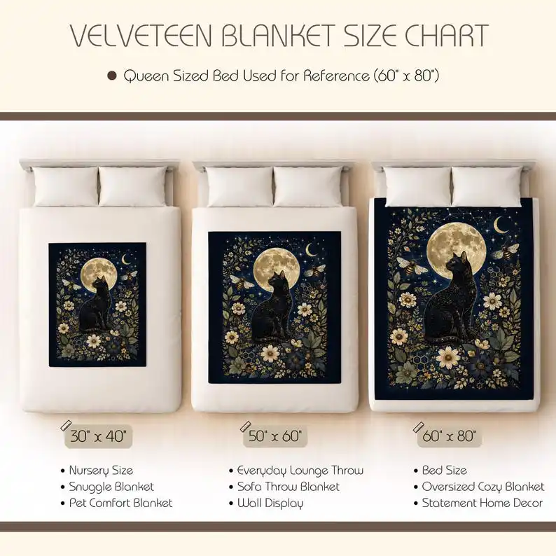 Black Cat Celestial Blanket, Mystical Moon and Botanical Velveteen Plush Blanket, Gothic Cat Lover Gift, Witchy Home Decor, moth blanket