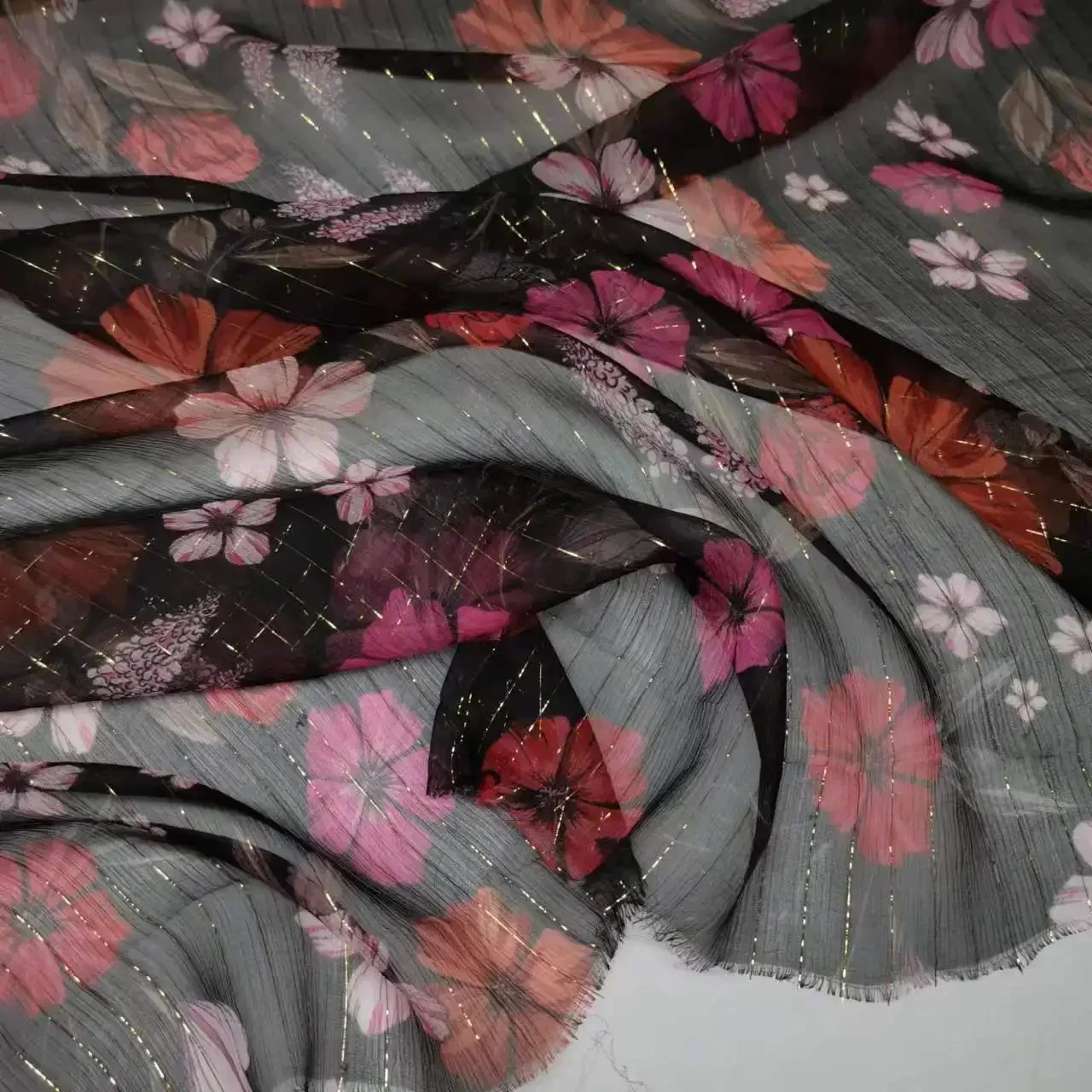 

Lurex Silk Floral Chiffon Fabric Soft Metallic Jacquard Dress Scarf Material