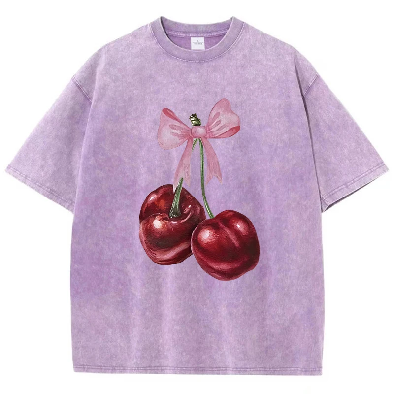 Womans Cotton Washed T-Shirts Fashion Distressed Loose Tee Shirts Carefully Packaged Cherries Prints Tops Casual Female Clothes