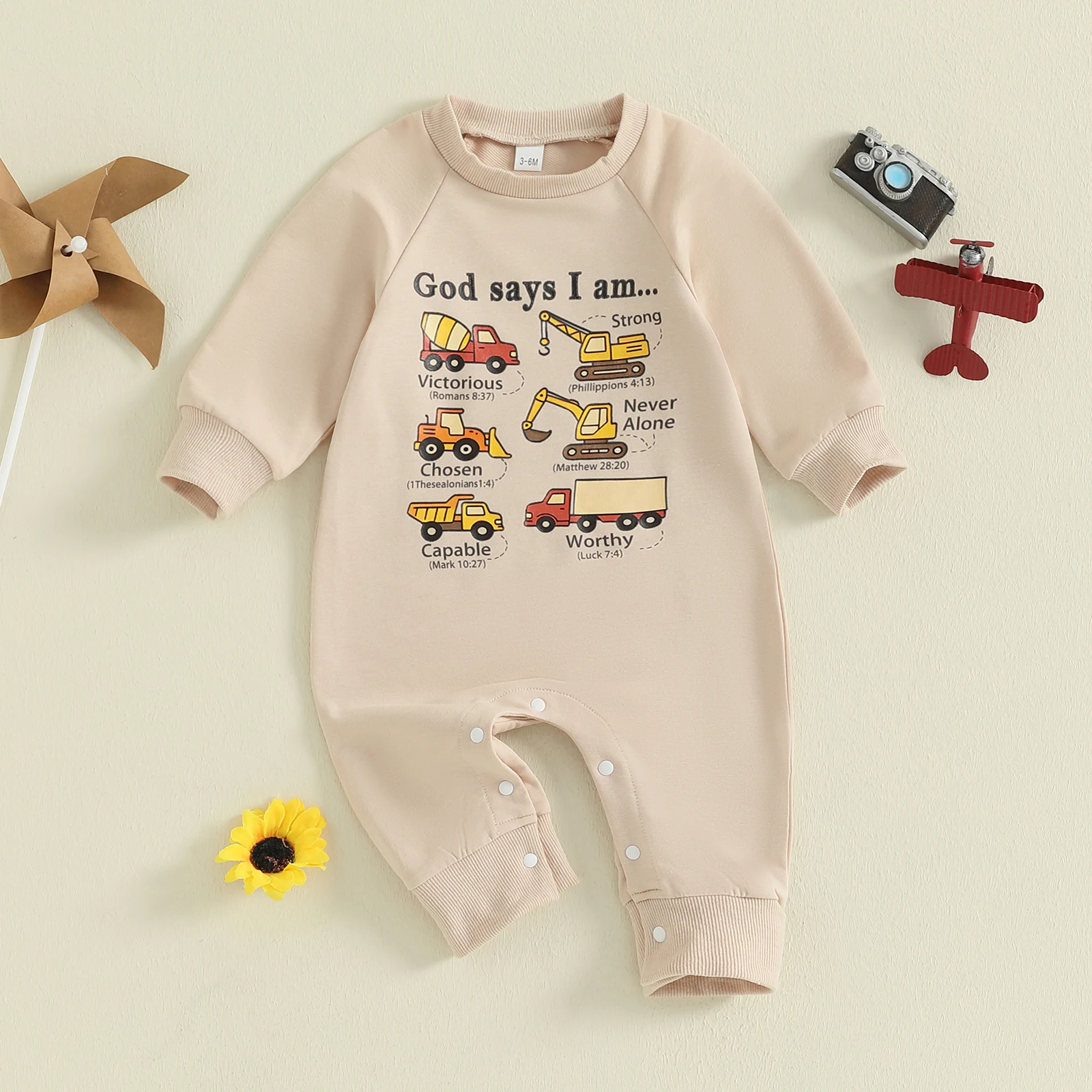 

SUNSIOM 0-18 Months Baby Boy Romper Long Sleeve Round Neck Construction Truck Print Jumpsuit Newborn Footless Pajamas