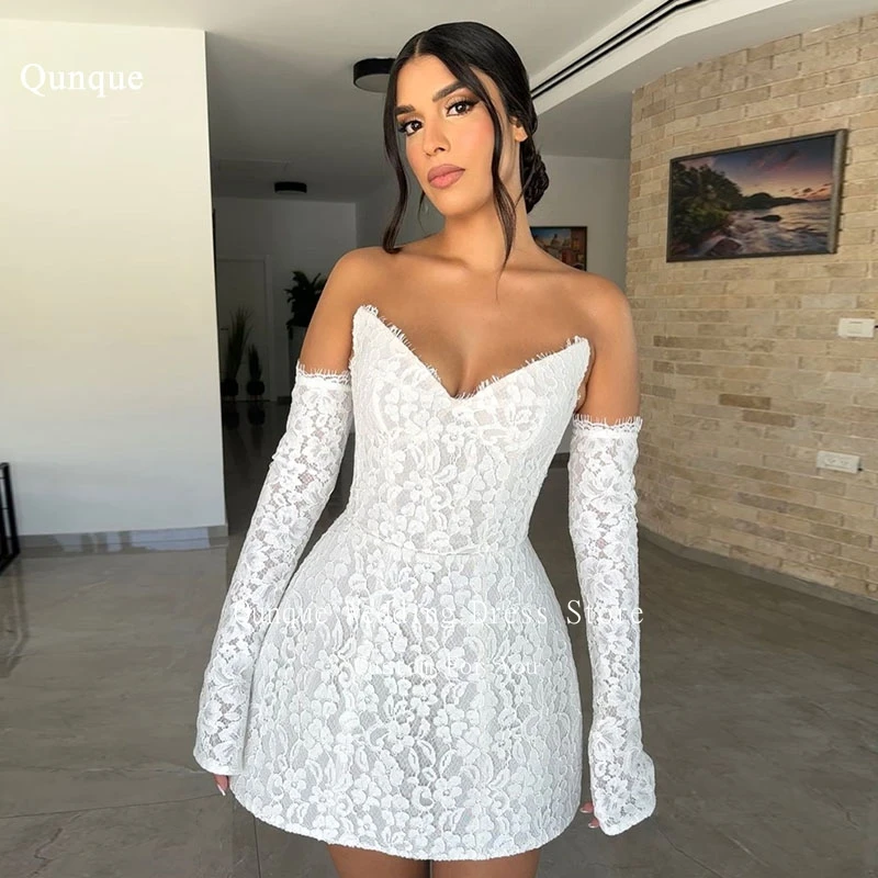 

Qunque V-neck Short Wedding Party Dress Abiti Da Sposa Detachable Sleeves Lace Bridal Gowns Corset Customized Vestidos De Novia