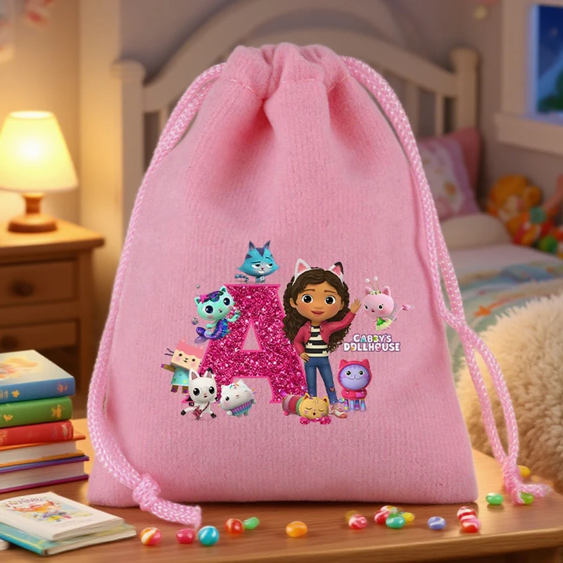 

Gabby Dollhouses Gift Bag Pink Letters Print Velvet Bags Candy Drawstring Pouch Party Birthday Party Decoration Packaging Bag