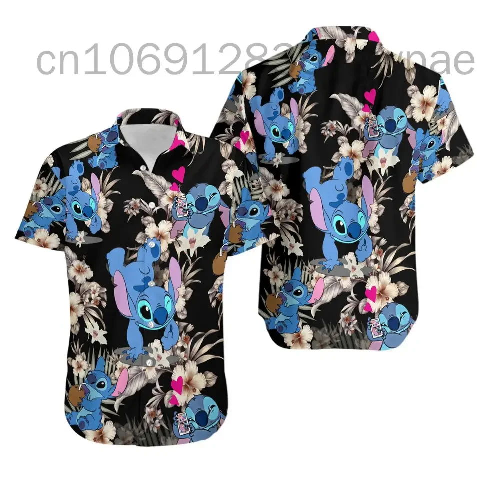 

Disney Stitch and Lilo Hawaiian Shirt Men's Women's Short Sleeve Beach Shirt Disney Cartoon Cute Casual Button Up Hawaiian Shirt