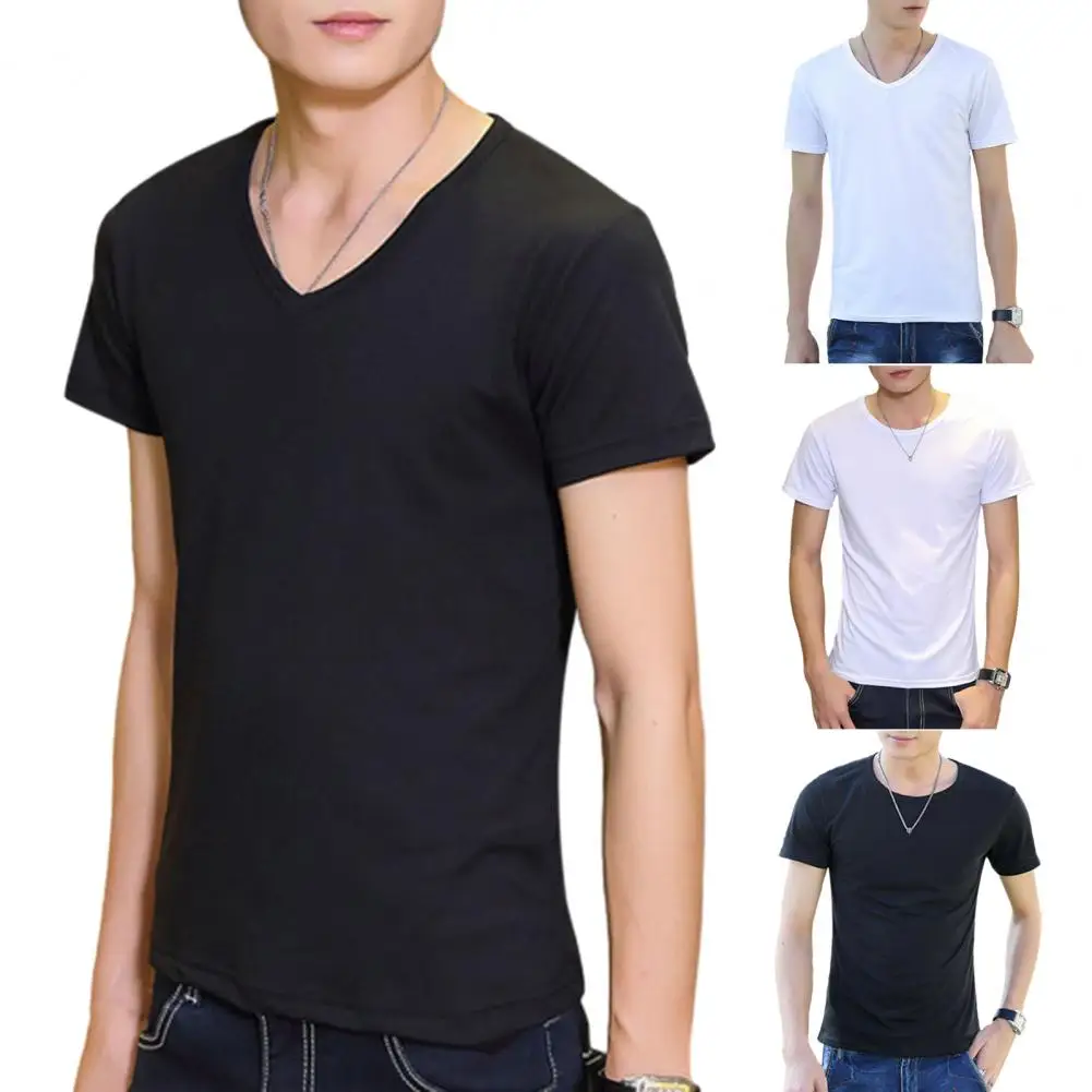 

Slim Fit T-shirt Men's Summer T-shirt Round Neck V Neck Short Sleeve Solid Color Soft Breathable Thin Pullover Slim for Simple