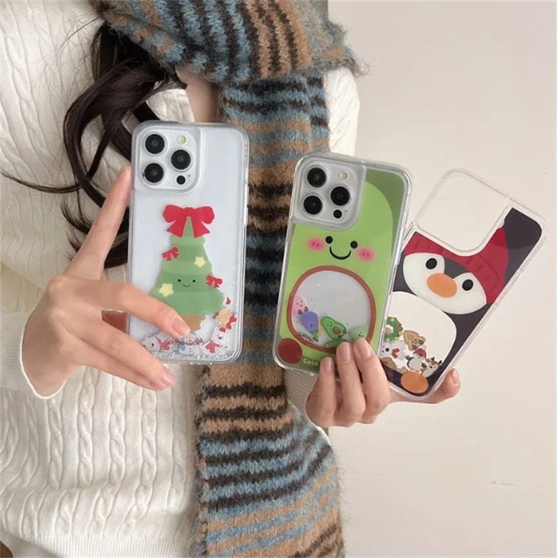 Cute Xmas Wish Tree Gingerbread Man Fruit Penguin Quicksand Glitte Case For iPhone 16 Pro Max 15 Pro 14 13 Clear  Silicone Cover